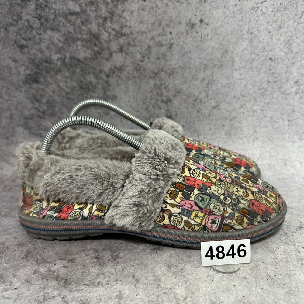 Skechers BOBS Too Cozy Snuggle Rovers Womens 8 Gray Dog Print Faux Fur Slippers